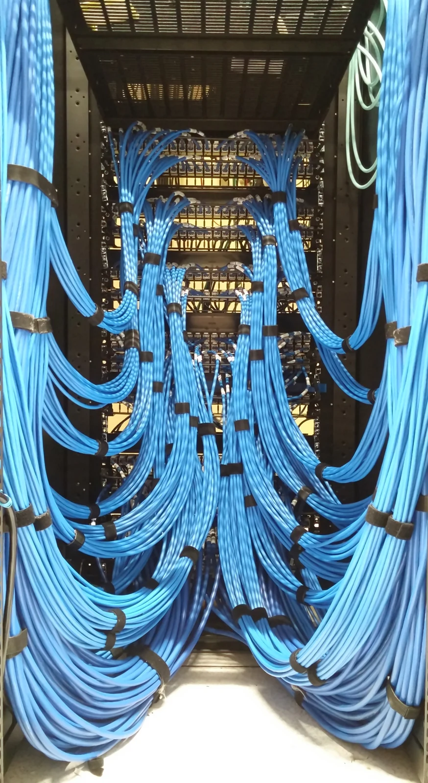 Real rear view of an Ethernet patch panel where adjacent terminations need accurate link IDs