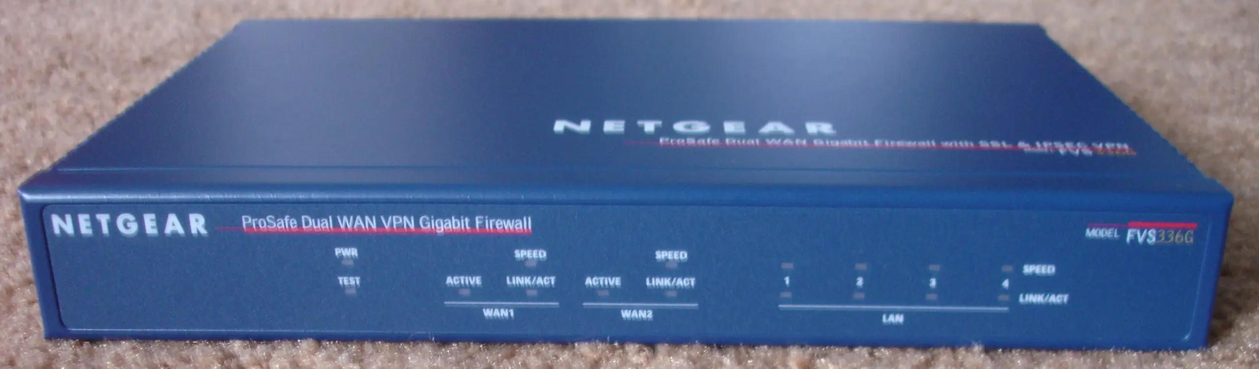 Real Netgear FVS336G VPN firewall front view, shown as a gateway hardware example