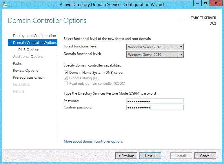 微软域控制器选项截图,显示 Windows Server 2016 功能级别、DNS、全局编录和 DSRM 密码字段