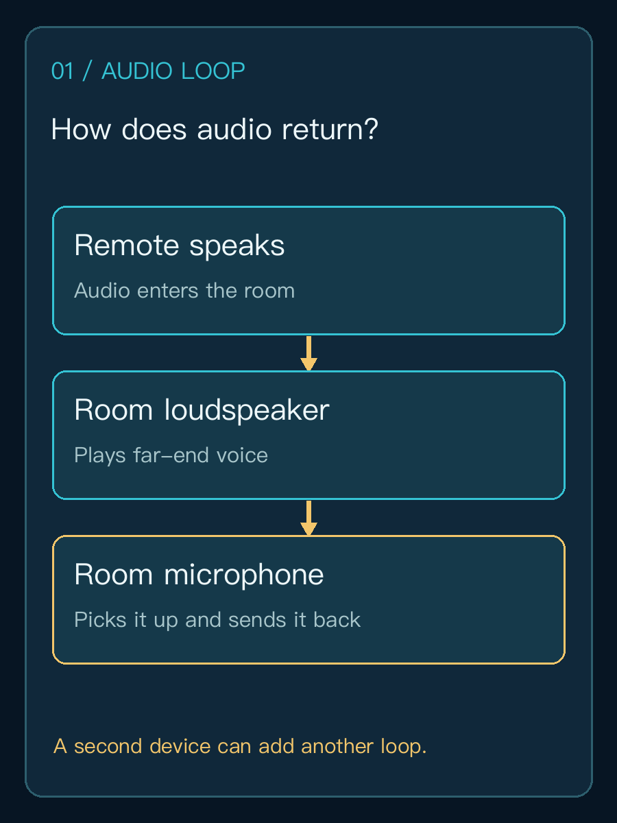 Far-end audio returning through a room speaker and microphone