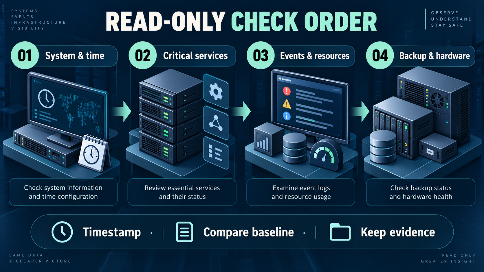 Daily Windows Server check sequence from business availability to backups and hardware