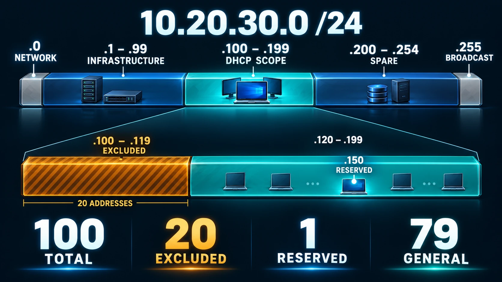 DHCP地址规划:10.20.30.100至199为作用域,100至119排除,150保留,普通动态地址79个