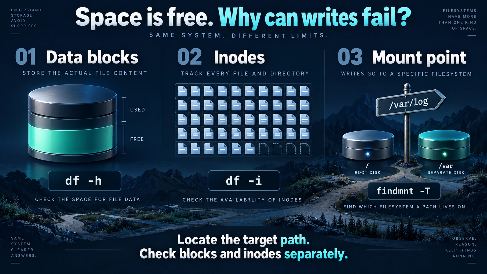 A diagnostic flow begins with the write path and separates block capacity, inode supply and process-held storage