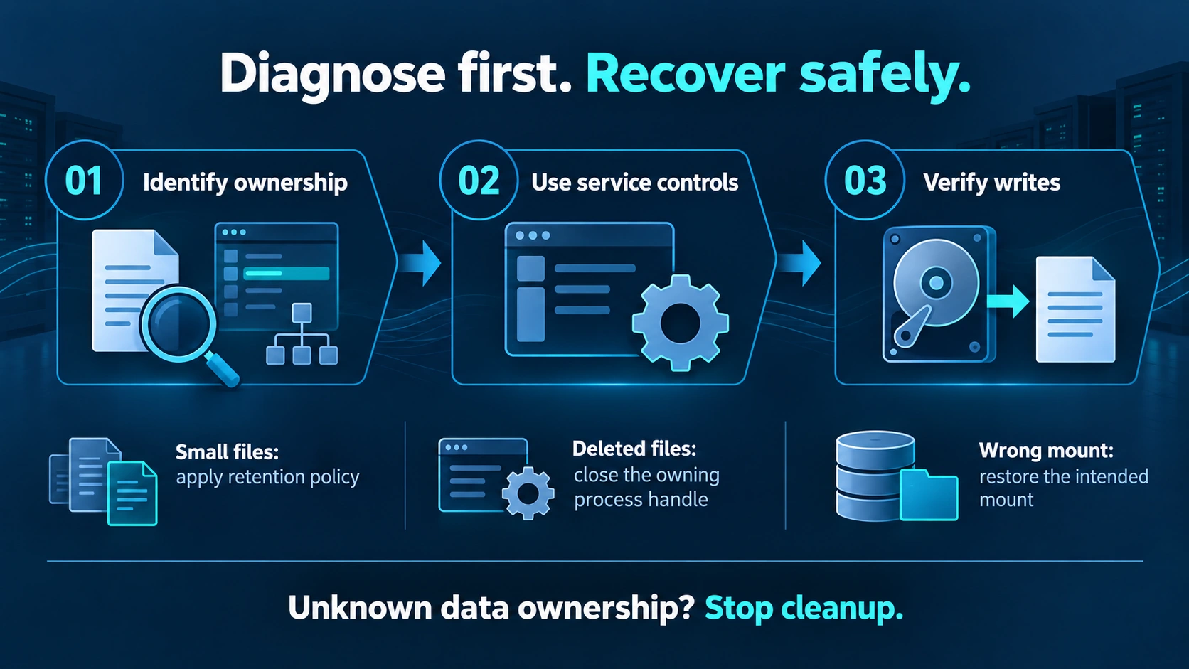 Recovery gates require verified ownership and backup before changes, then resource and application checks afterward