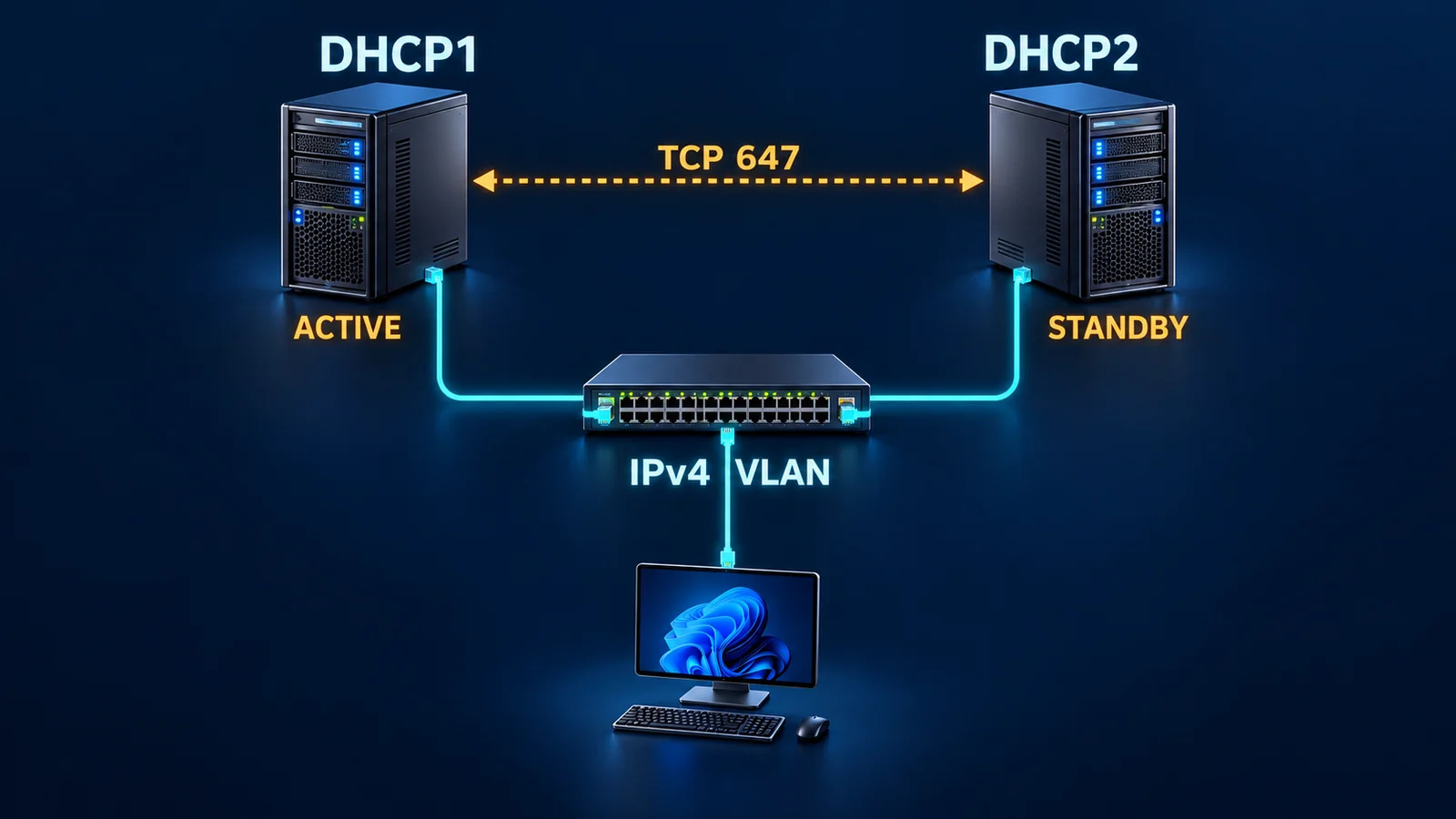 DHCP1 与 DHCP2 在同一测试 VLAN 中共享 IPv4 故障转移关系,服务器间同步与客户端取址分开表示