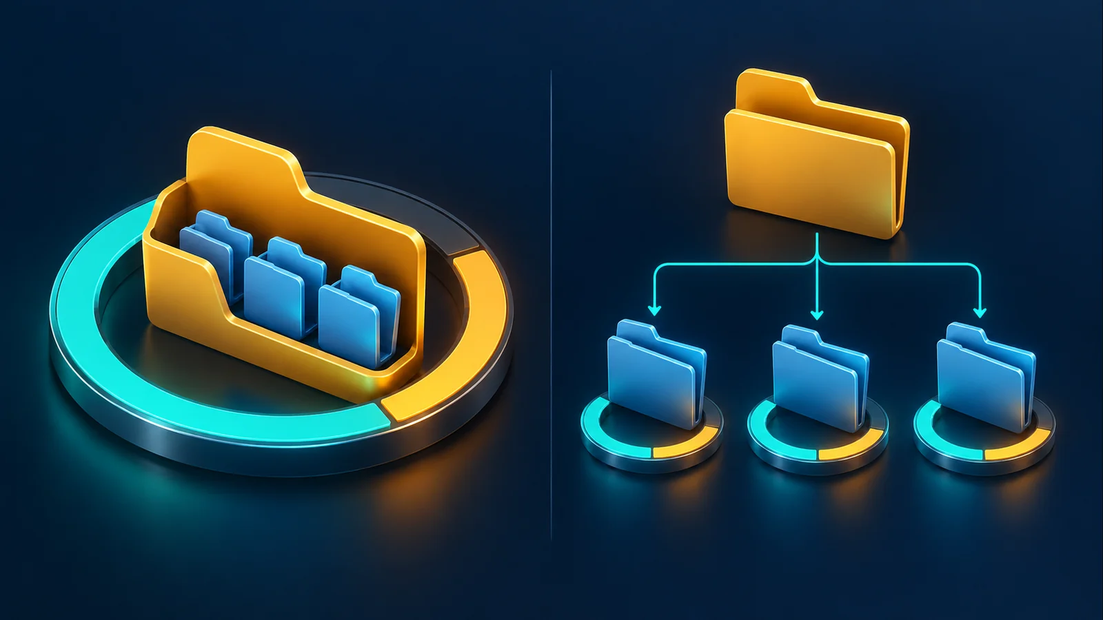 A single departmental quota counts a folder subtree together, while auto apply creates separate child-folder quota entries
