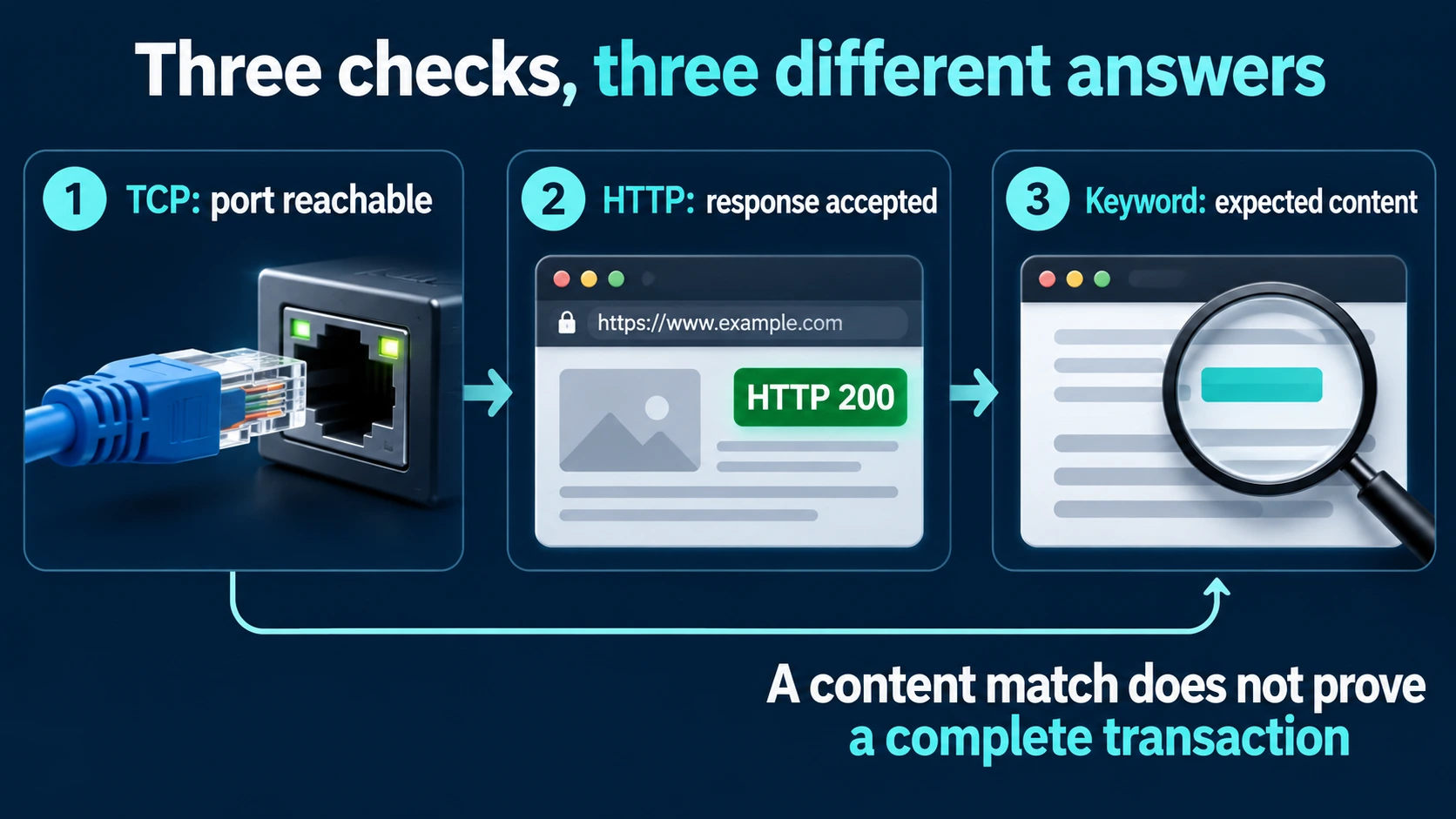 TCP reachability, HTTP status and expected response content are different checks