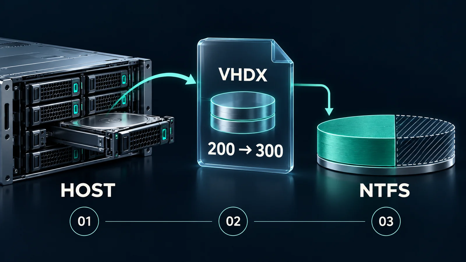 The host storage pool, VHDX capacity and guest NTFS volume are three separate capacity layers