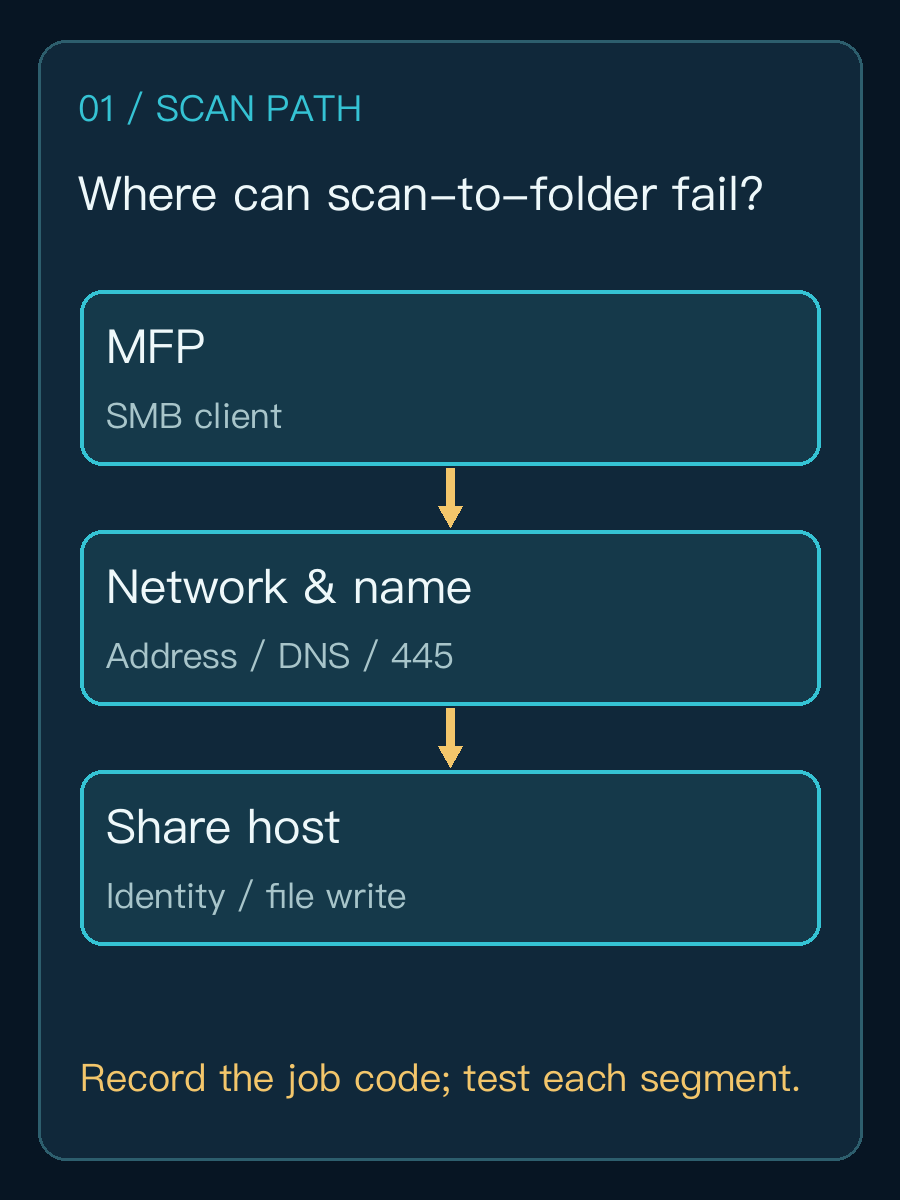 Three scan-to-folder segments from multifunction printer through network to SMB share host