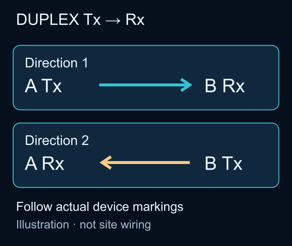 Dual-fiber polarity: A Tx connects to B Rx, and B Tx connects to A Rx