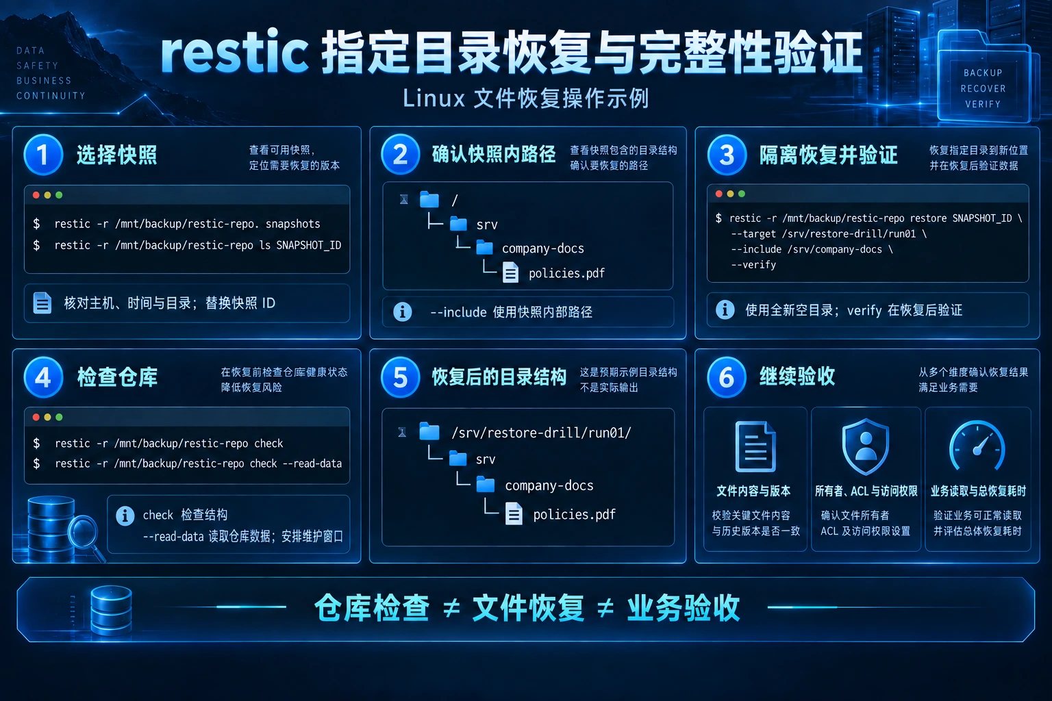 restic快照、目录恢复、仓库检查与业务验收六步操作信息图