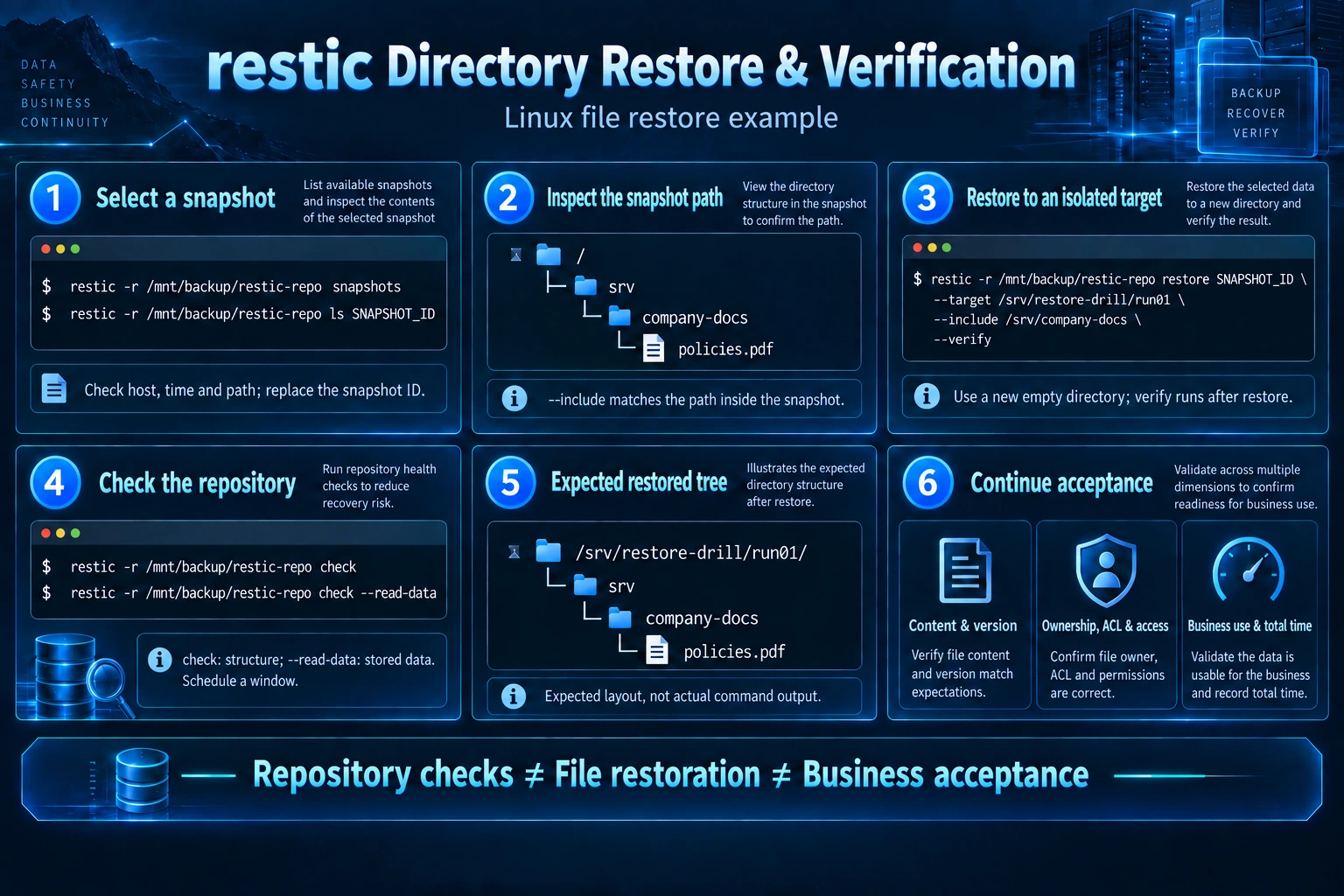 Six-panel restic guide covering snapshots, paths, isolated restore, repository checks and acceptance