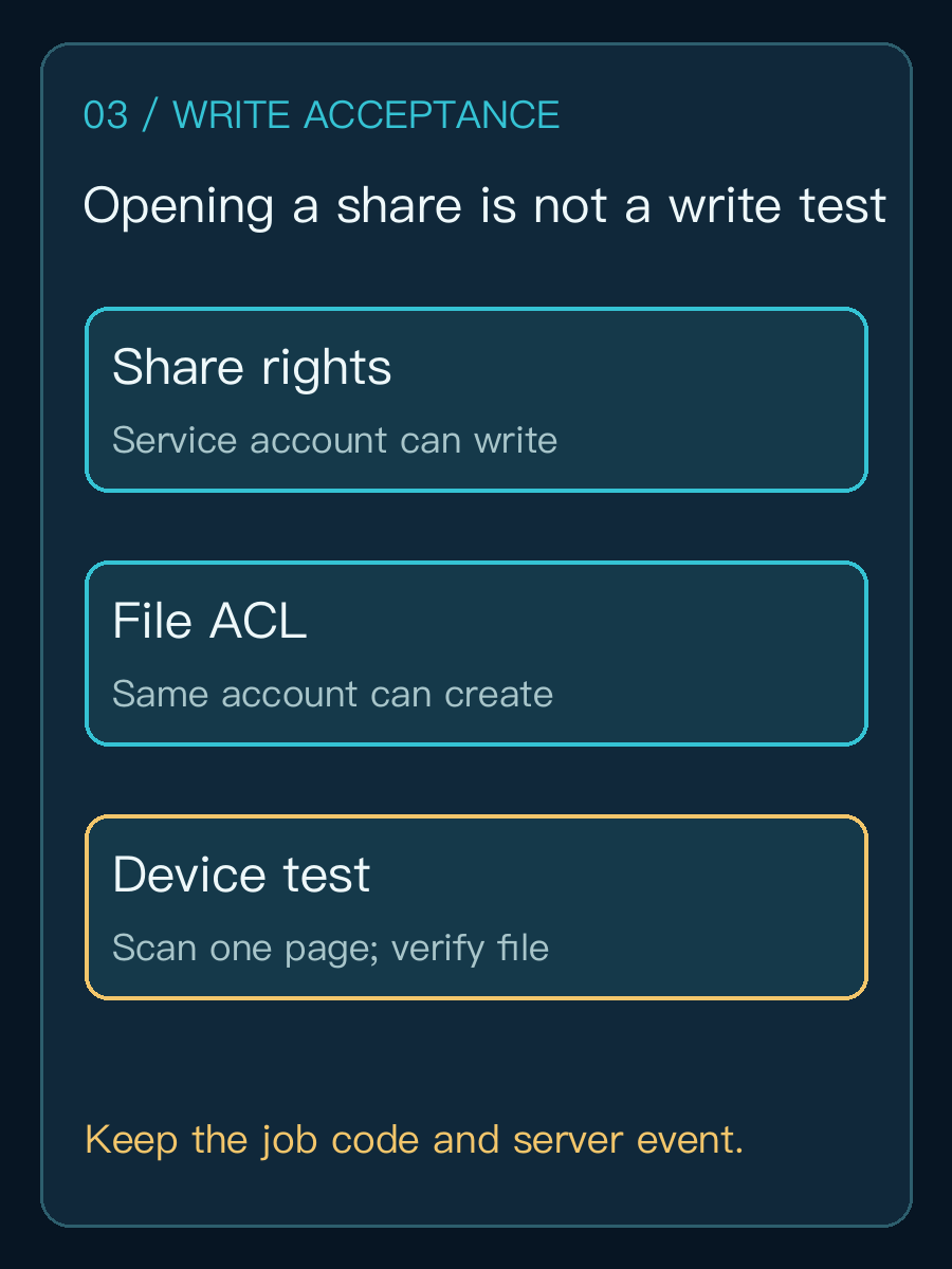 Share rights, file-system rights and a device-originated scan as three write acceptance checks