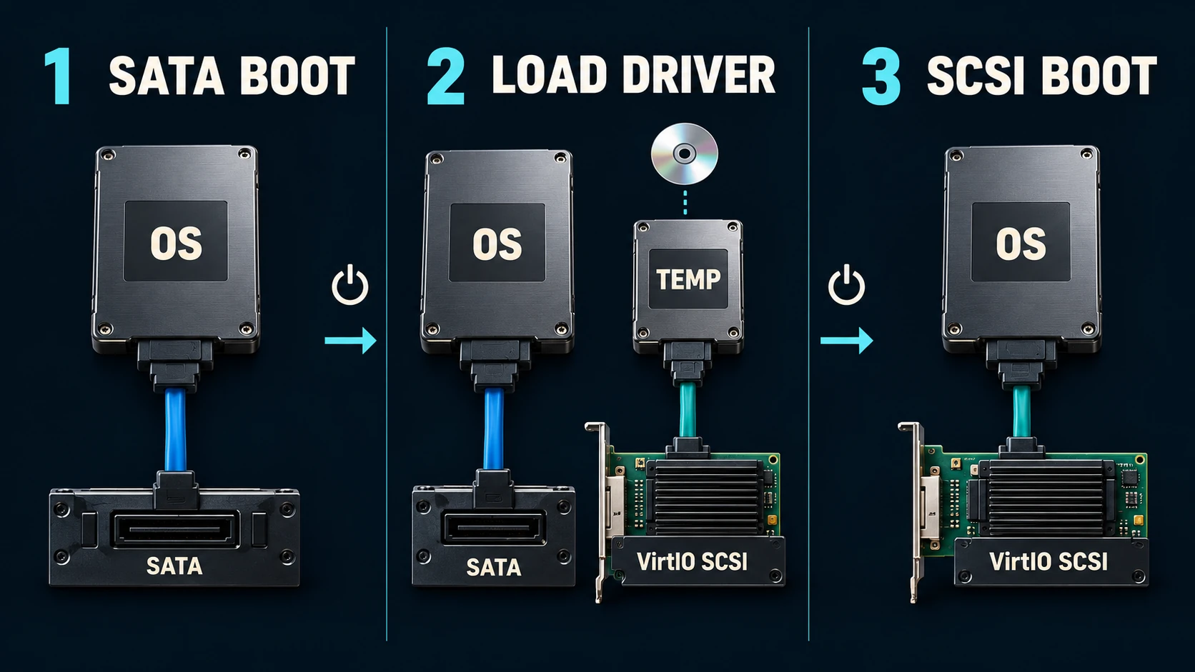 Windows 系统盘先以 SATA 启动,加载临时 VirtIO SCSI 设备后再切换系统盘